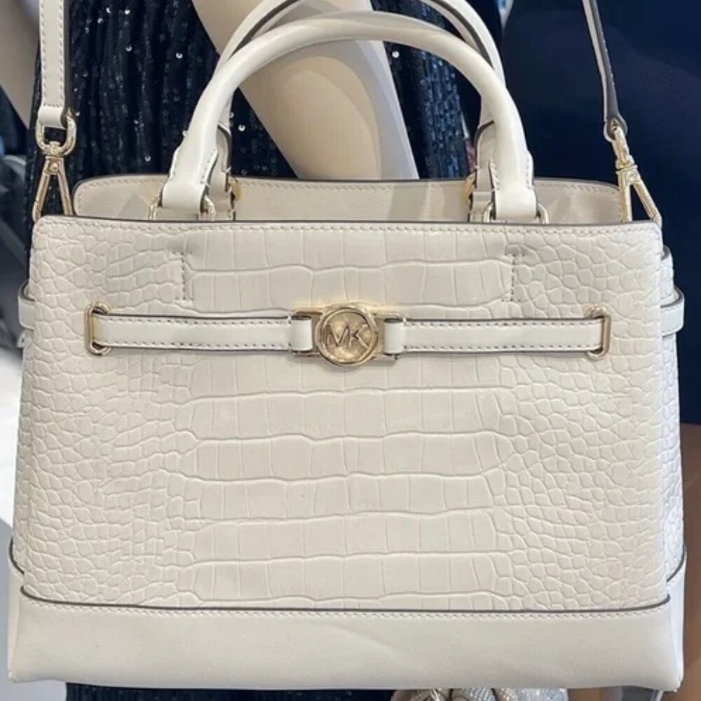 MICHAEL KORS Reed Large Leather Belted Satchel Crossbody Handbag Center Zip